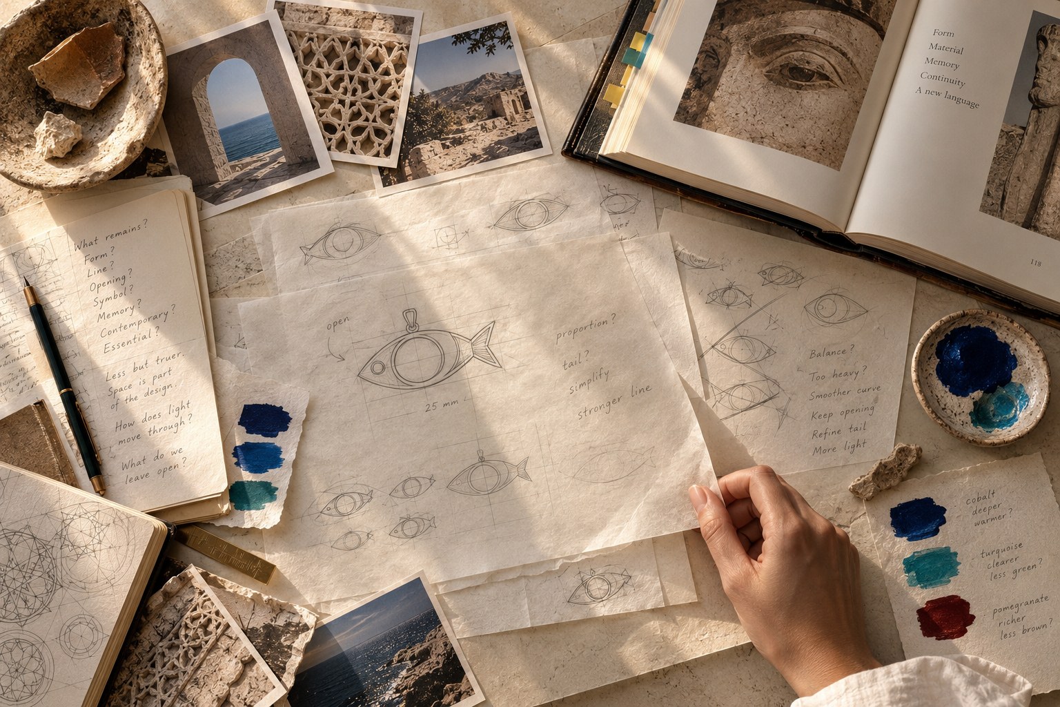 Bocetos, versiones descartadas, preguntas de medida y pruebas de color del Ojo.